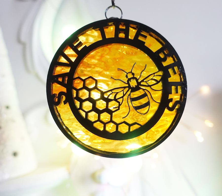 Stained Glass Save the Bees Suncatcher Hanging Window Ornament Car
