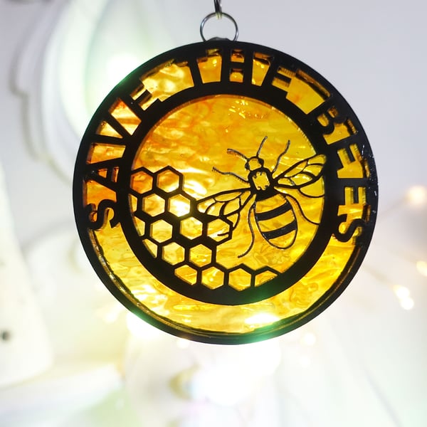 Stained Glass Save the Bees Suncatcher Hanging Window Ornament Car