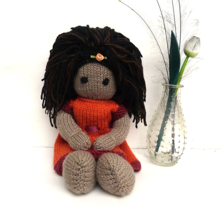 Doll. 12" Hand Knitted Doll Mixed Race Made in Wool With Removable Knitted Dress