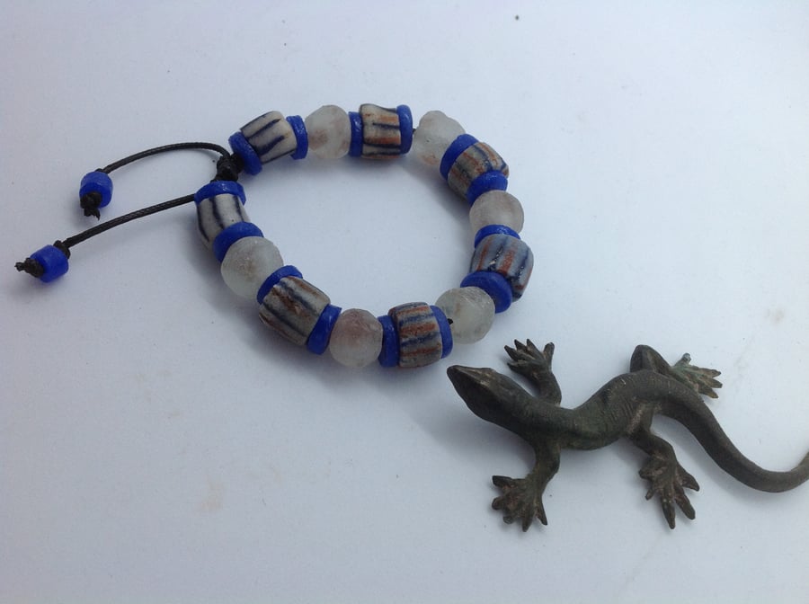 Man's adjustable bead bracelet with new and old African beads, blue and opaque