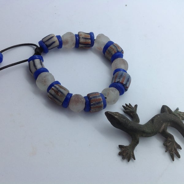 Man's adjustable bead bracelet with new and old African beads, blue and opaque