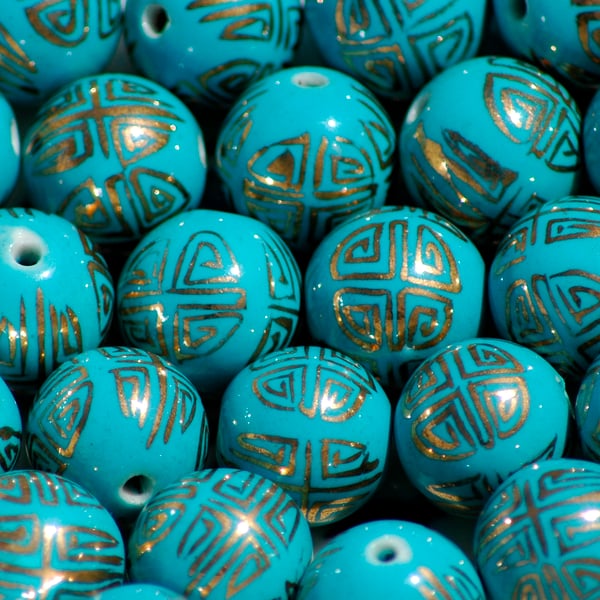 Vintage 90's Chinese Porcelain Beads x 10 - turquoise & gold 14mm hand painted