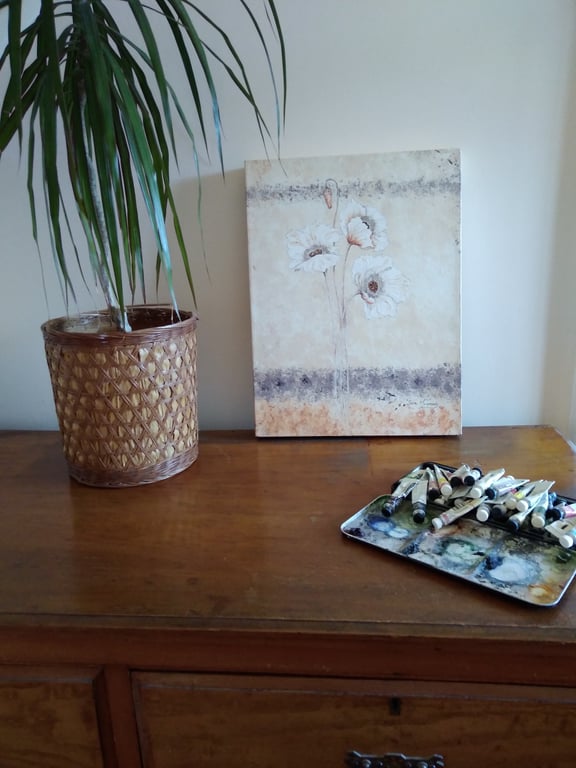 White poppies on stippled cream watercolour canvas