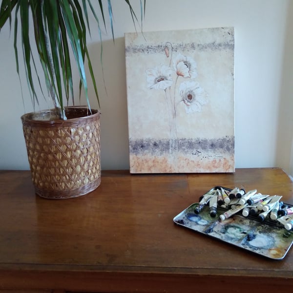 White poppies on stippled cream watercolour canvas