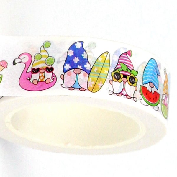 Summer Fun Pattern Gnomes, 15mm Washi Tape, 10m, Decorative Tape, Cards, Journal