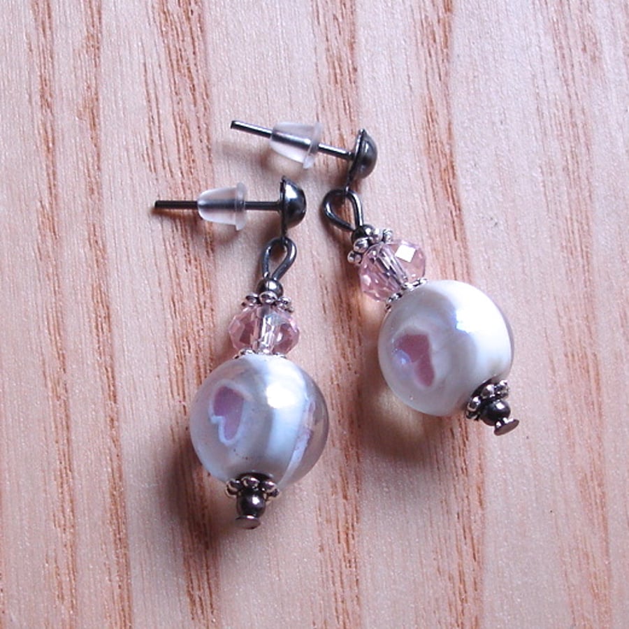 Sparkly White and Pink Lampwork Glass Drop Bead Earrings