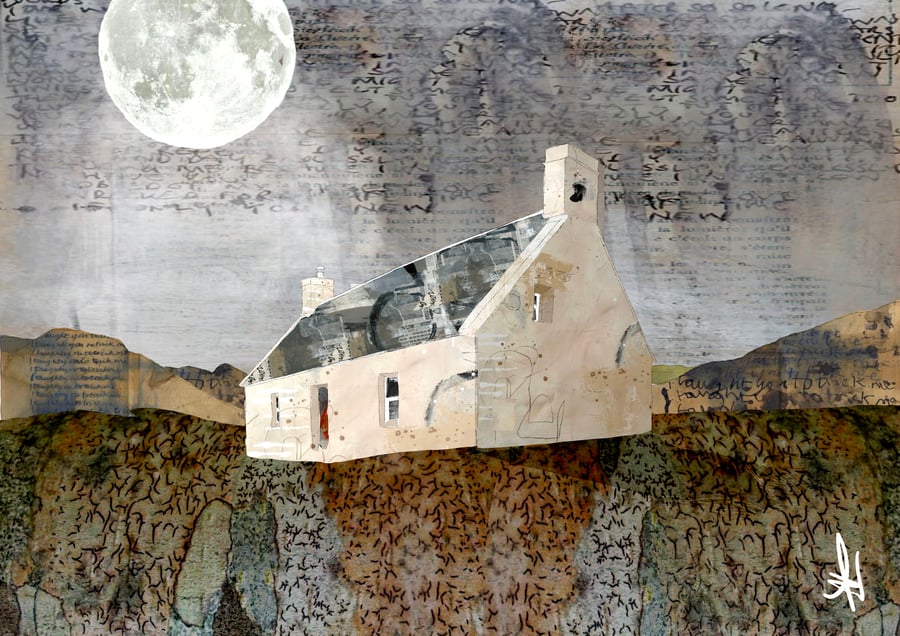 Scottish landscape Bothy mixed media print
