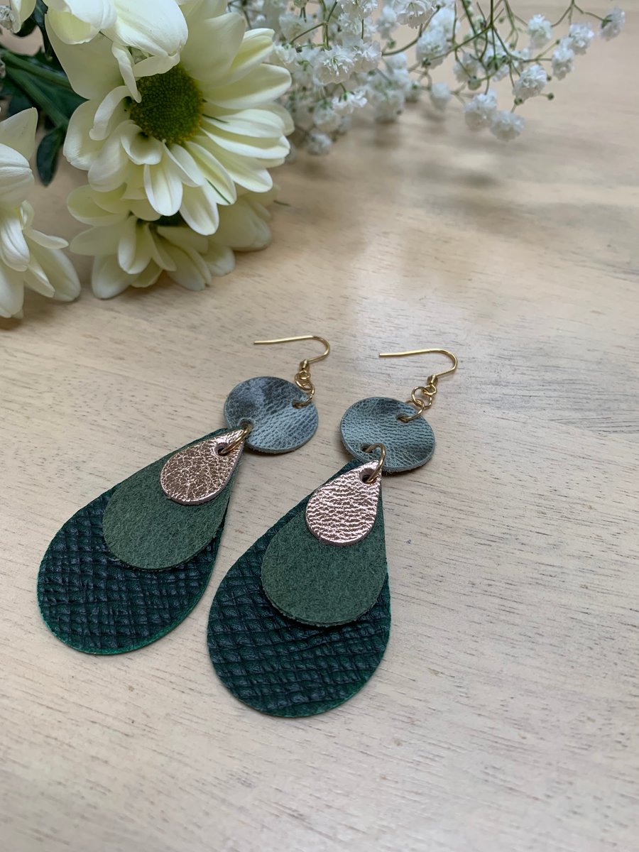 Dangle green leather earrings free gift wrap 