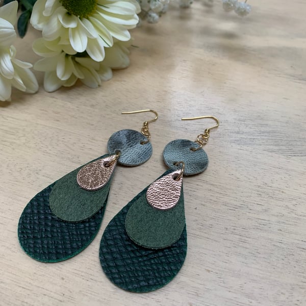 Dangle green leather earrings free gift wrap 