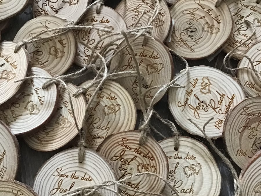 Engraved Rustic Wedding save the date, wedding table place names,