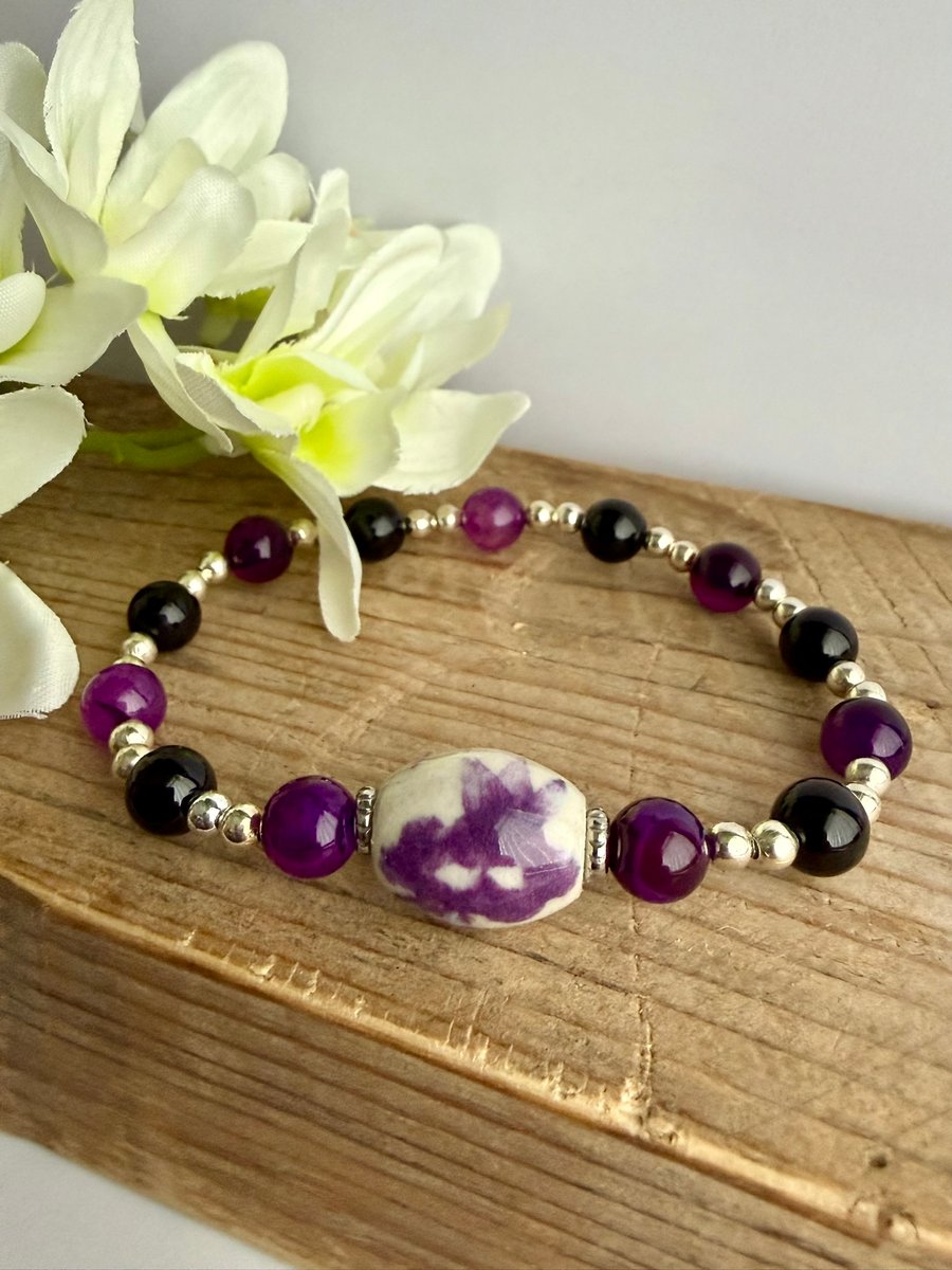Purple Agate and Floral Porcelain Bead Stretch Bracelet