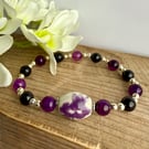 Purple Agate and Floral Porcelain Bead Stretch Bracelet