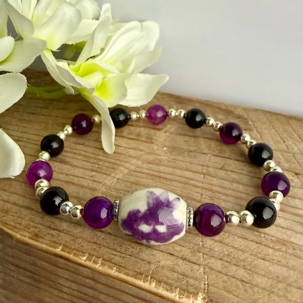 Purple Agate and Floral Porcelain Bead Stretch Bracelet