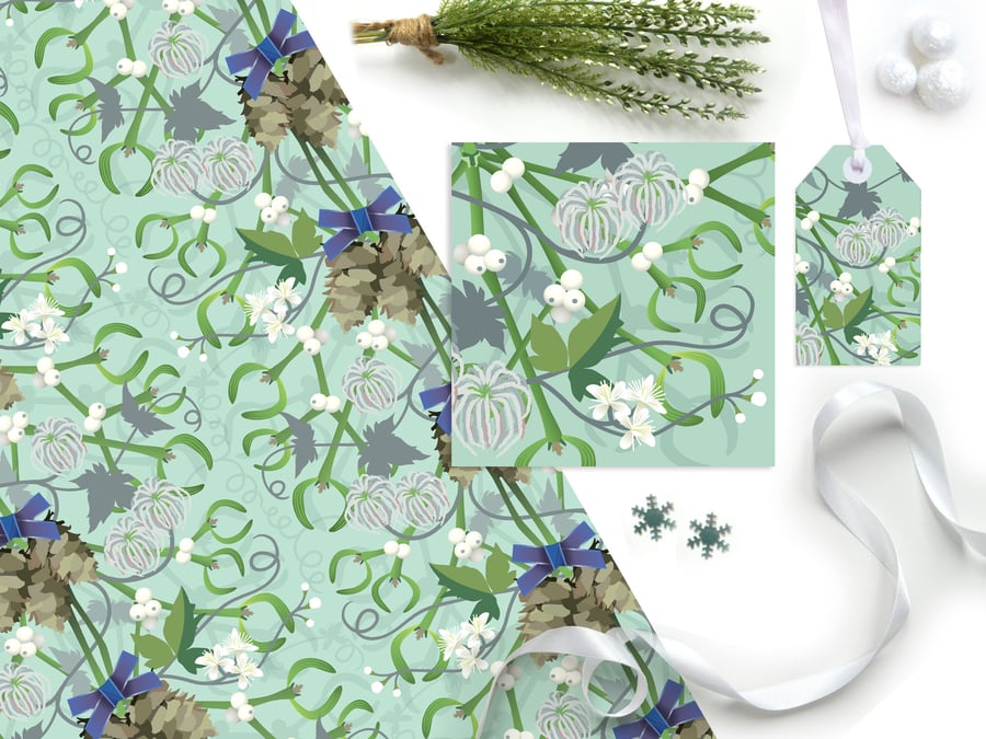 Mistletoe Christmas Gift Wrapping Paper Set - Eco Friendly, Compostable
