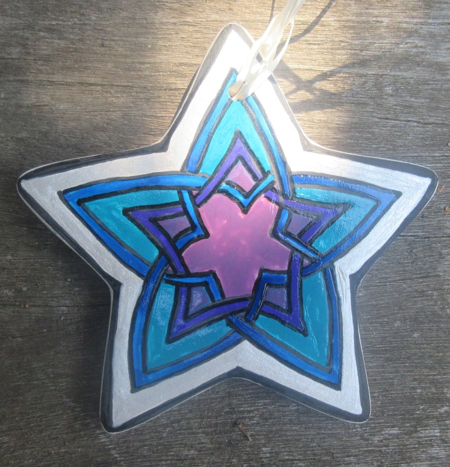 Hand painted ceramic star decoration – Celtic Knot in blues - P&P included