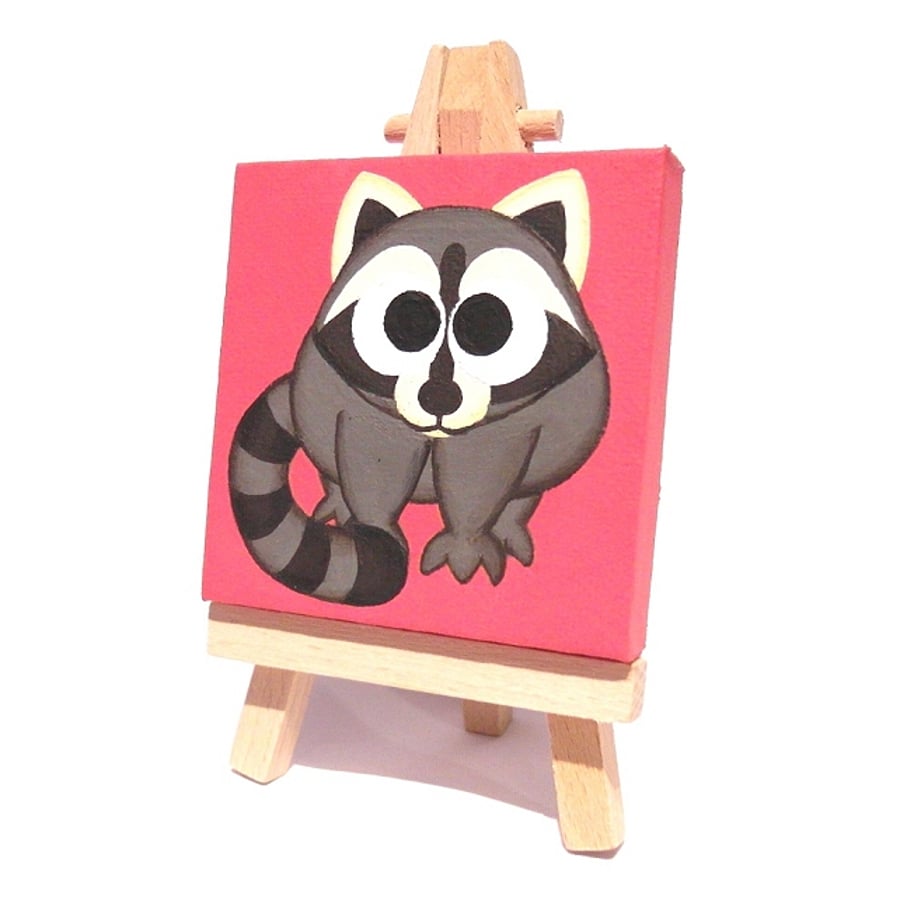 Sold Cute Raccoon Miniature Painting - acrylic mini canvas with easel