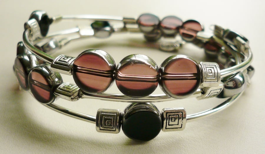 Purple and Black Electroplated Glass Disc Bead Wrap Around  Bracelet  KCJ1068