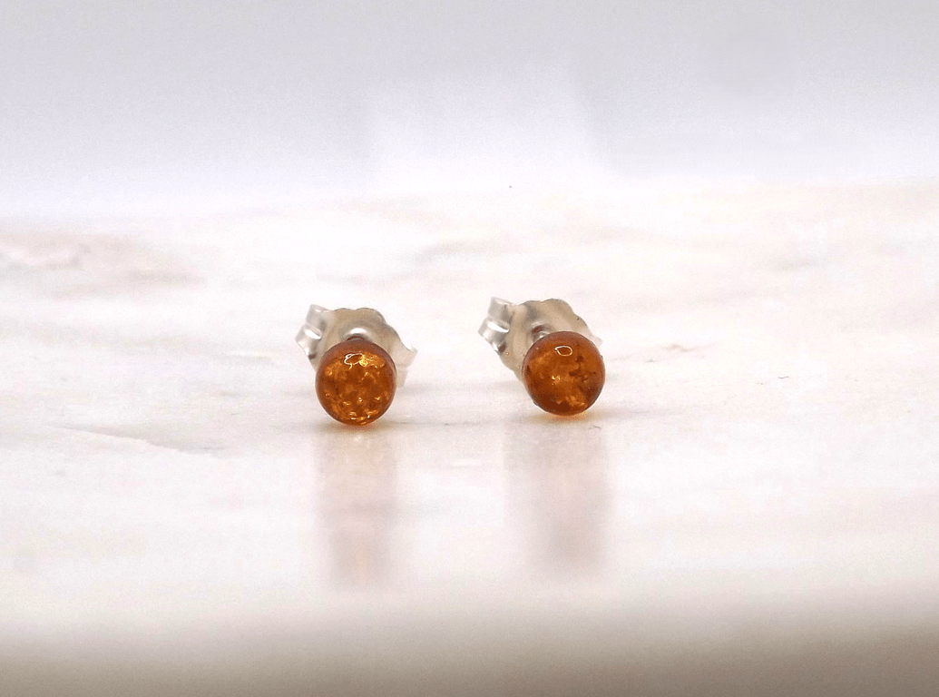 Amber Round Cabochon 4mm Gemstone Sterling Silver Stud Earrings.