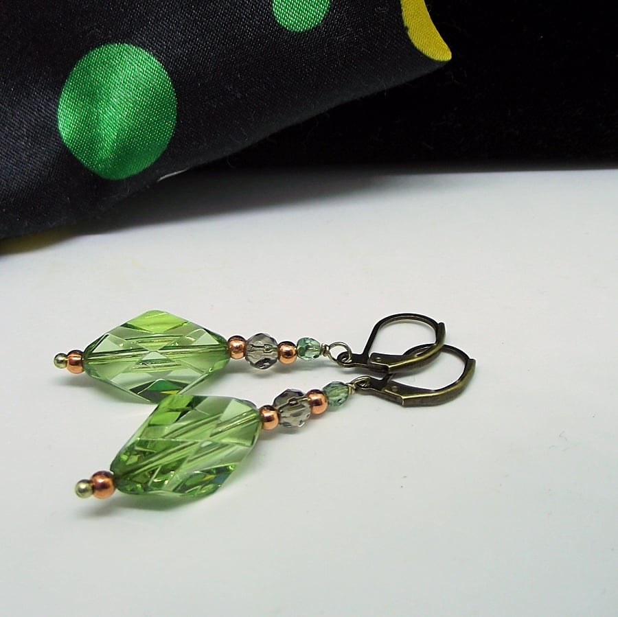 Green and grey glass earrings Vintage style art deco bronze smoky quartz