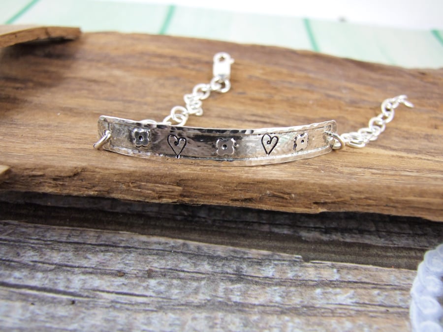 Sterling Silver Bracelet, Etched with Tiny Flowers and Stamped with Hearts