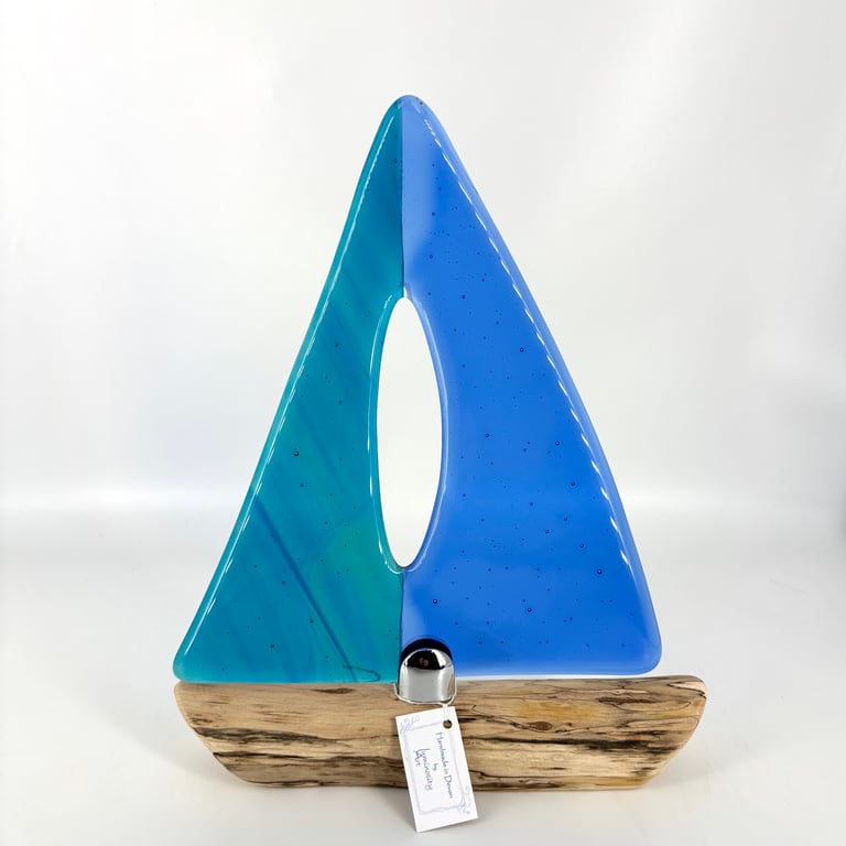 Gorgeous Fused Glass & Drift Wood Sailing Boat 