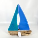 Gorgeous Fused Glass & Drift Wood Sailing Boat 