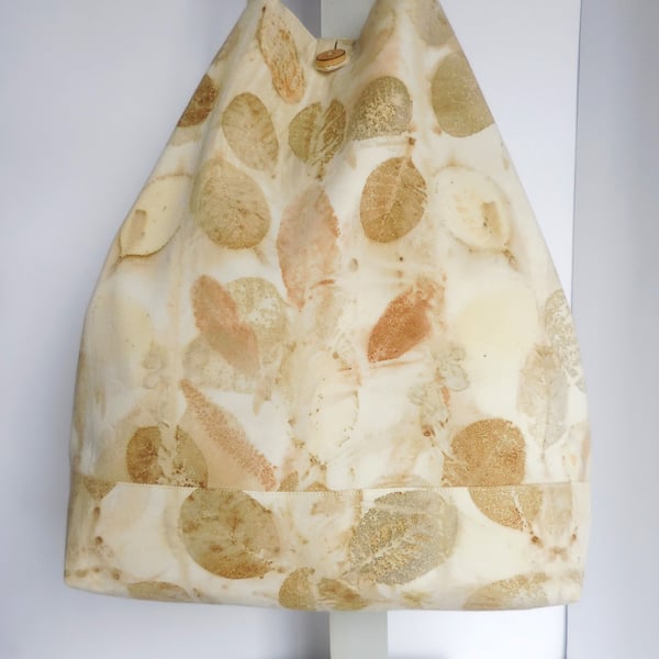 Convertible shopper bag eco-printed with cotinus leaves, bracken & berberis wood