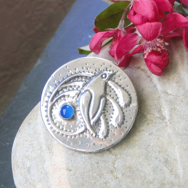 Pewter Bird Brooch with Blue Agate