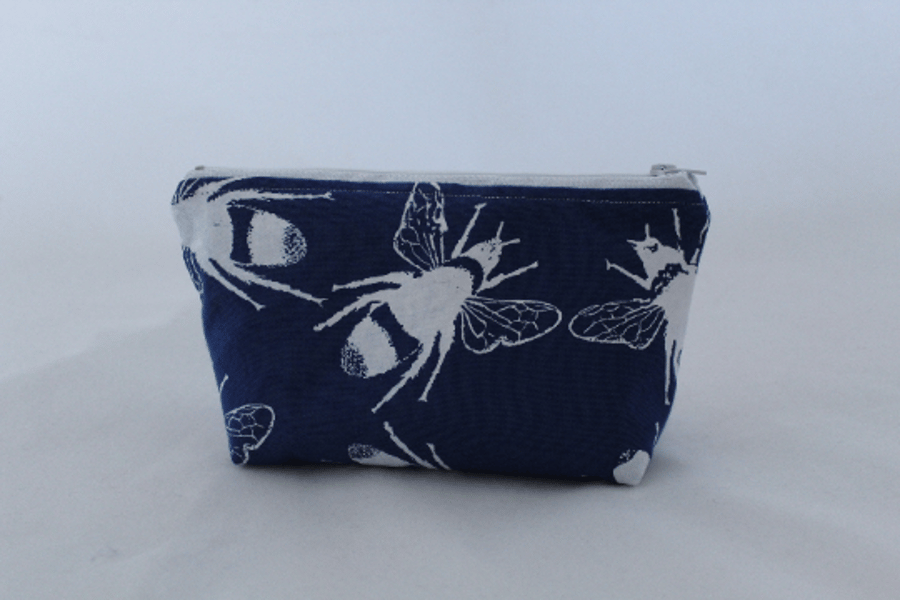 zip up blue make up bag, hand printed bee print,Eco bag,pouch,pencil case