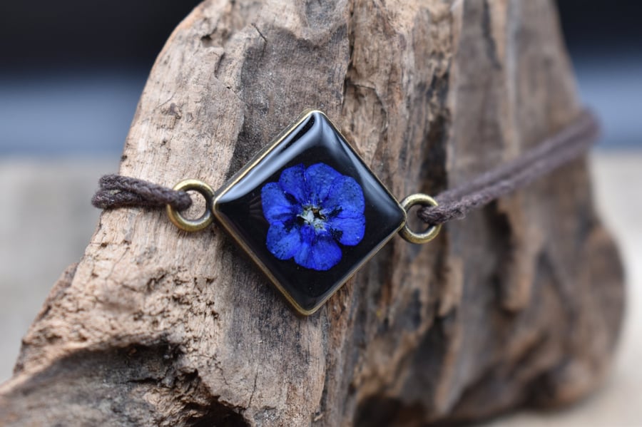 Adjustable Resin Bracelet with Real Pressed Blue Flower, Waxed Cotton Cord