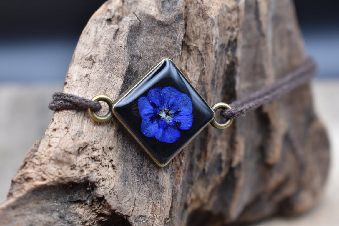 Adjustable Resin Bracelet with Real Pressed Blue Flower, Waxed Cotton Cord