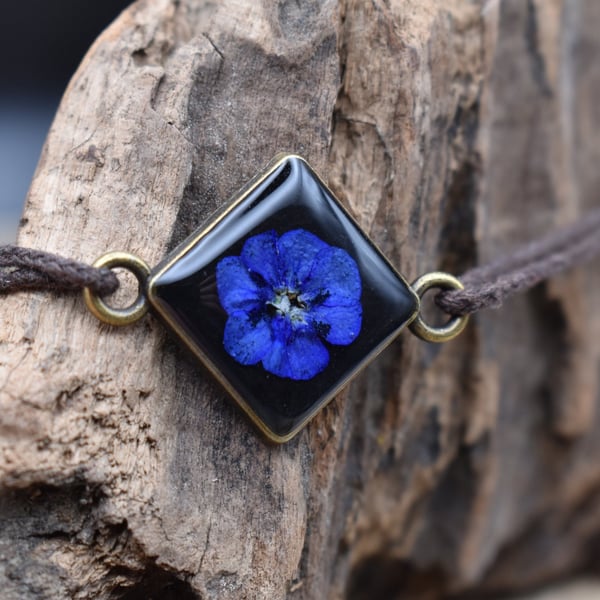 Adjustable Resin Bracelet with Real Pressed Blue Flower, Waxed Cotton Cord