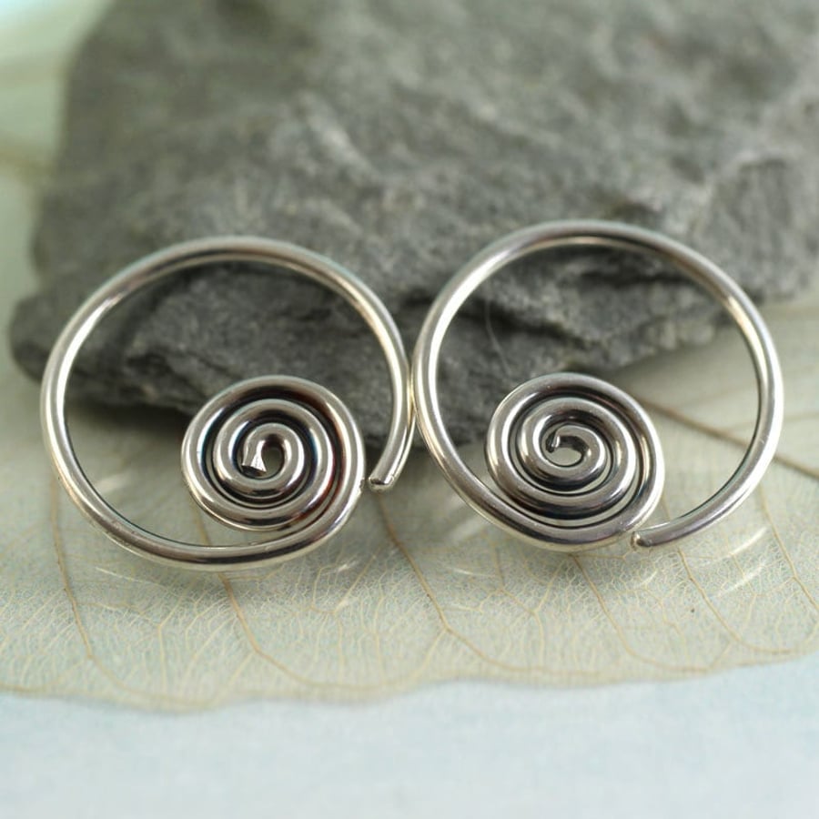Spiral Sleeper Earrings Silver Hoops 14 mm or 12 mm