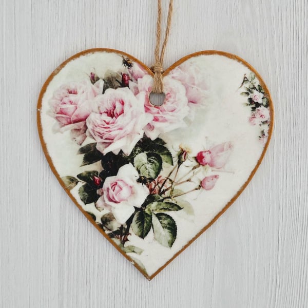 Pink Roses: Decoupaged Wooden Hanging Heart 15cm (6”)