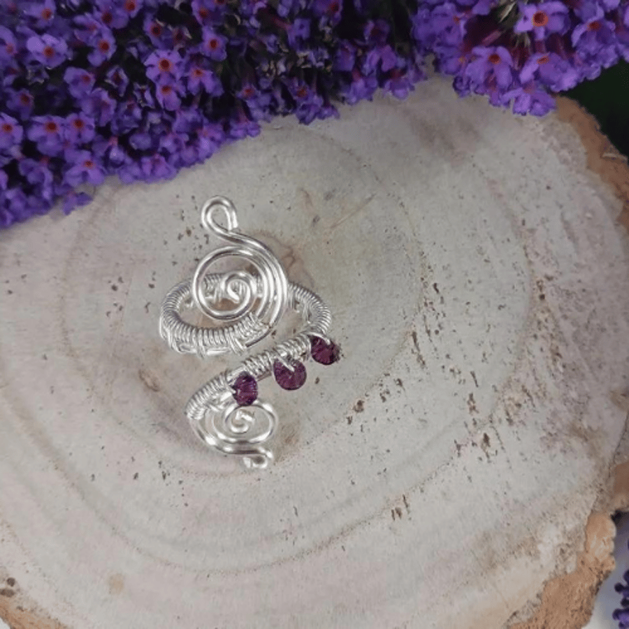 Handcrafted Adjustable Thumb Ring with Purple Crystals