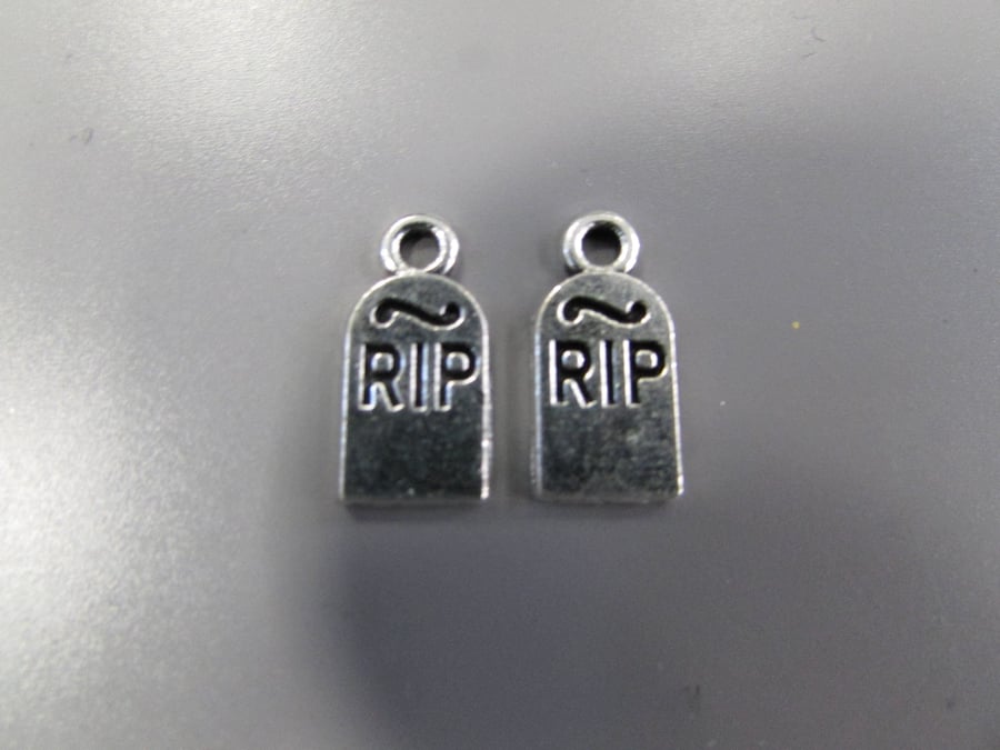 Silver RIP Tombstone Tibetan Charm X 2