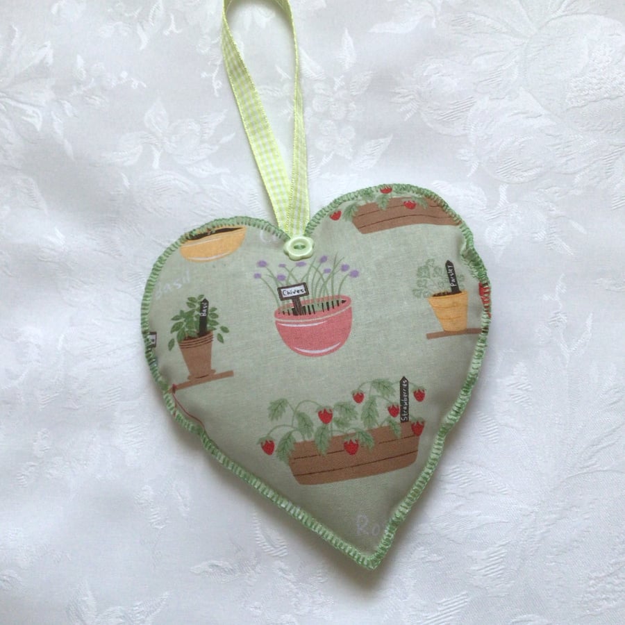 Lavender heart, hanging decoration, green, herbs, hand stitched, cotton fabric, 