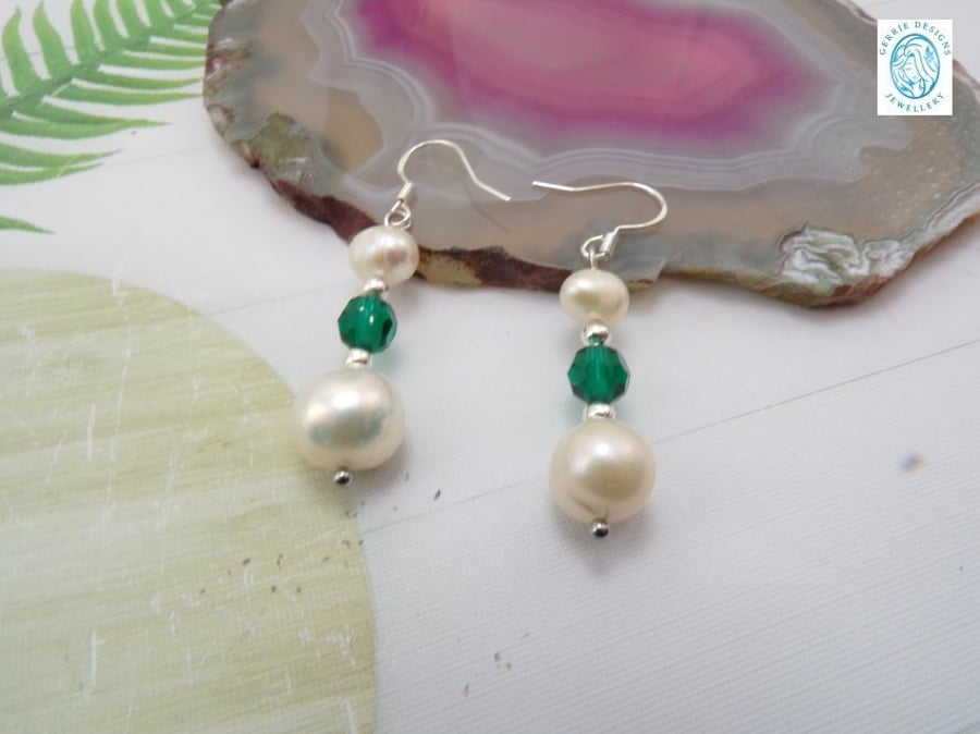 Emarald Green, Freshwater Pearls & Crystal Emarald Green Earrings. Silver.