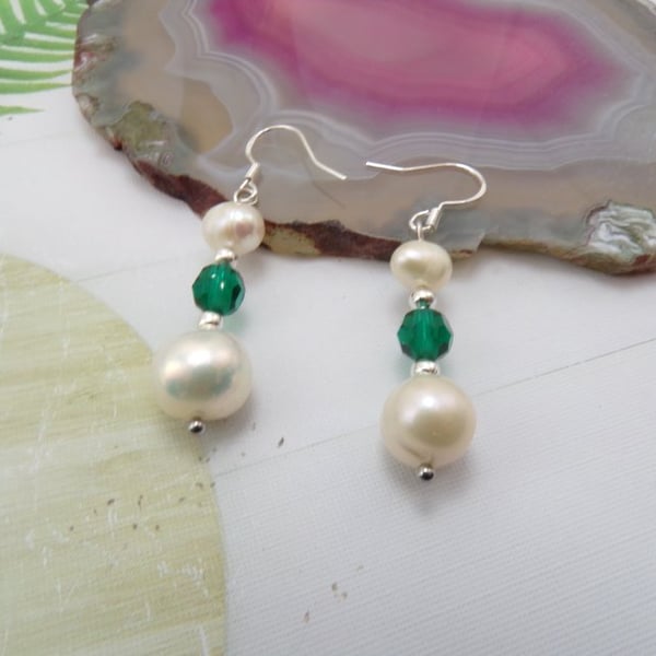 Emarald Green, Freshwater Pearls & Crystal Emarald Green Earrings. Silver.