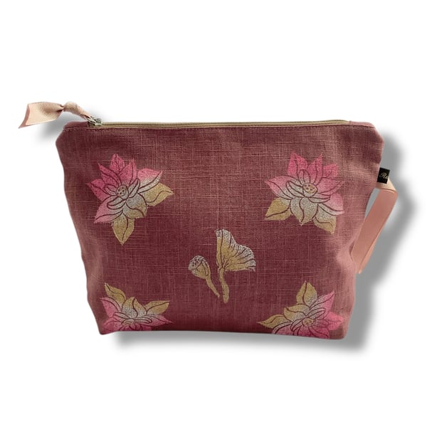 Dusty Pink Lotus Flowers Linen Makeup Bag
