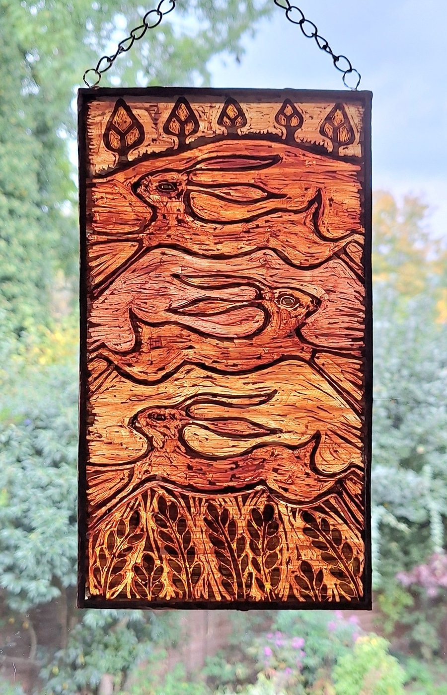 HARE WINDOW PANEL WALL HANGING. HAND PAINTED HARE. 10 x 5 inches.