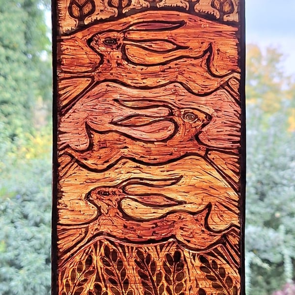 HARE WINDOW PANEL WALL HANGING. HAND PAINTED HARE. 10 x 5 inches.