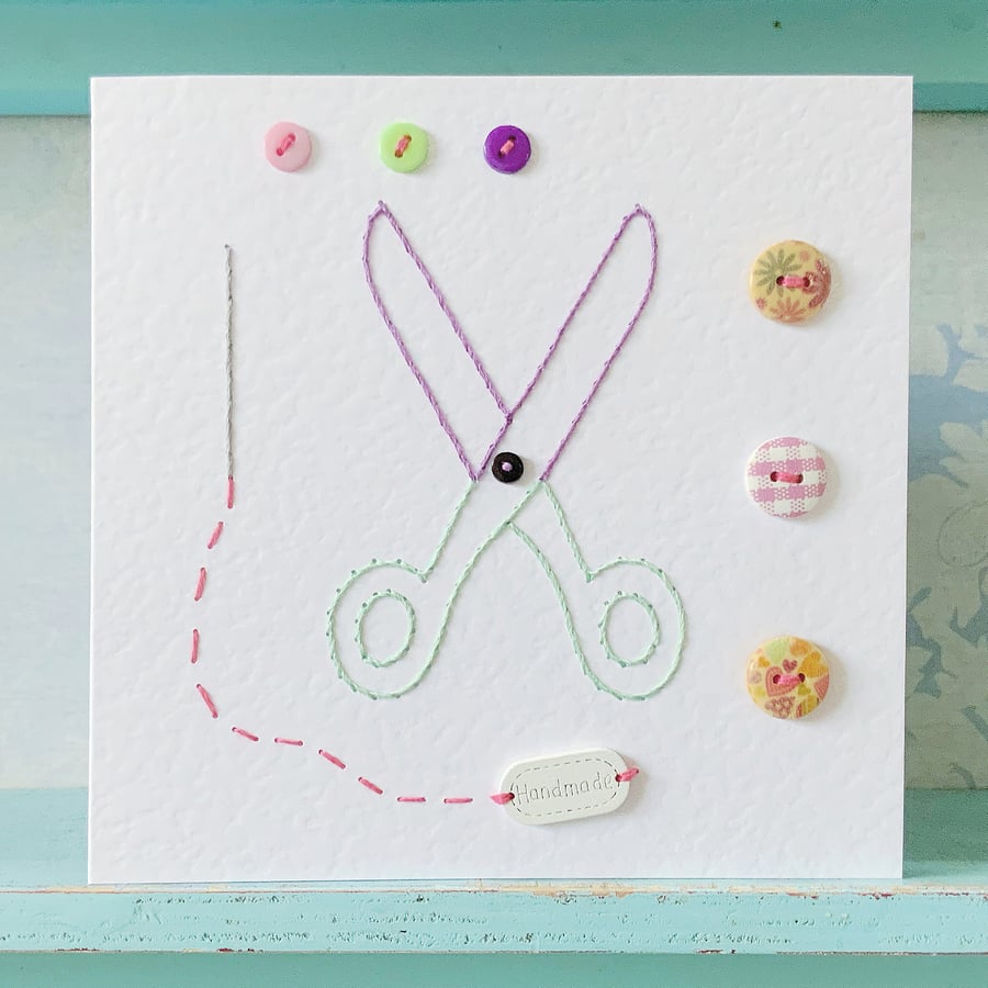 Hand Sewn Crafters Card. Button Card. Embroidered Card. Sewing. Stitched Card.