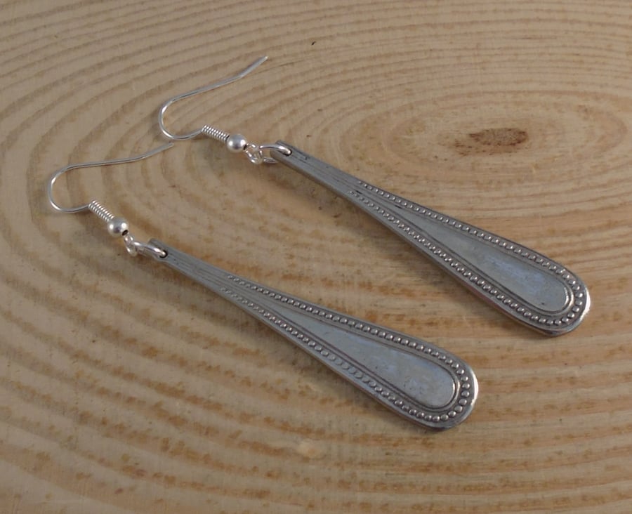 Upcycled Silver Plated Bead Sugar Tong Handle Drop Dangle Earrings SPE061919