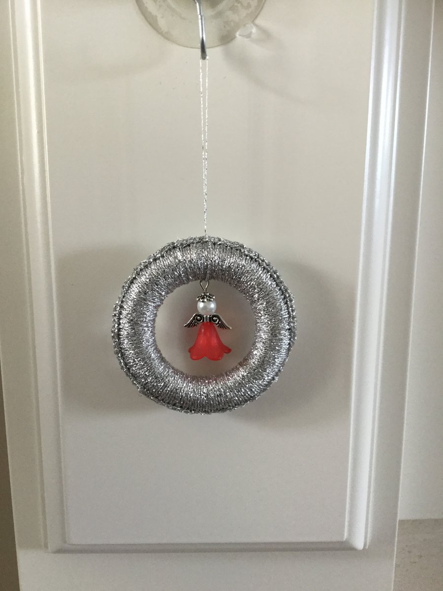 Christmas Tree Decoration in Silver with Red Beaded Angel