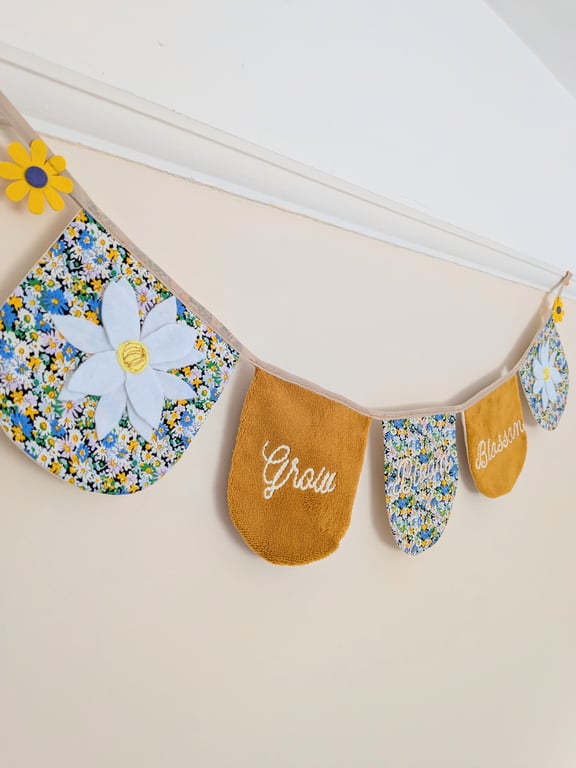 Handmade Floral Nursery Bunting – "Grow" Fabric Garland, Perfect New Baby Gift