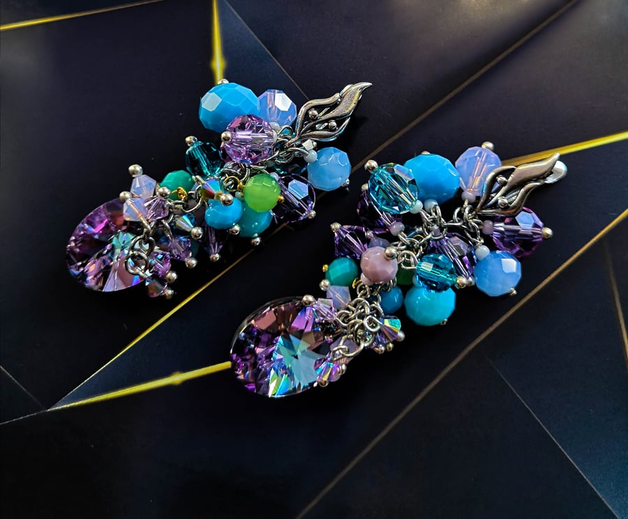 Swarovski crystal turquoise blue and purple berries cluster earrings