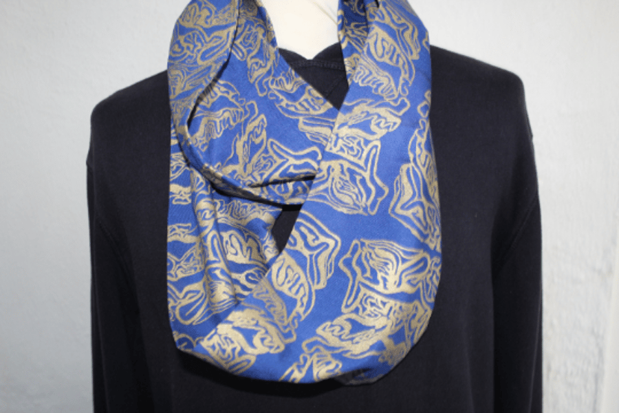 Blue and gold abstract hand printed infinity scarf, up-cycled unisex scarf, gift