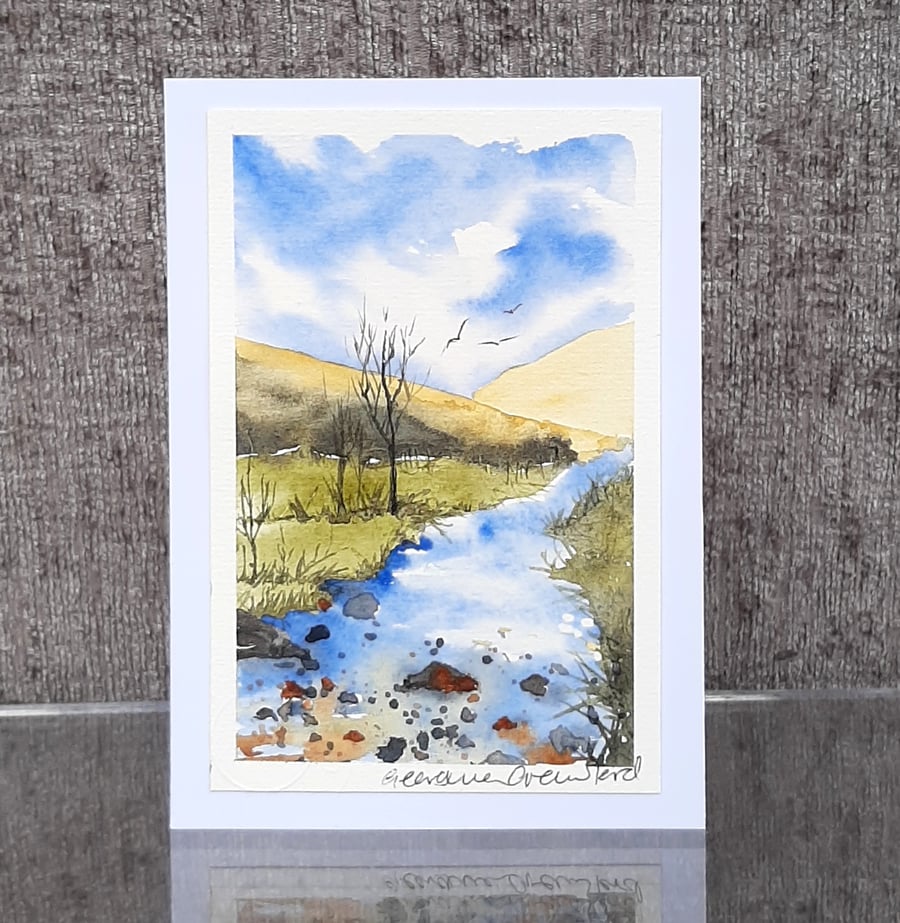 Mountain Stream. Countryside. Blank Card. Original Painting. Paper Art.