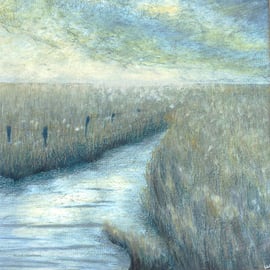 Twilight collagraph and mixed media reed beds landscape art picture